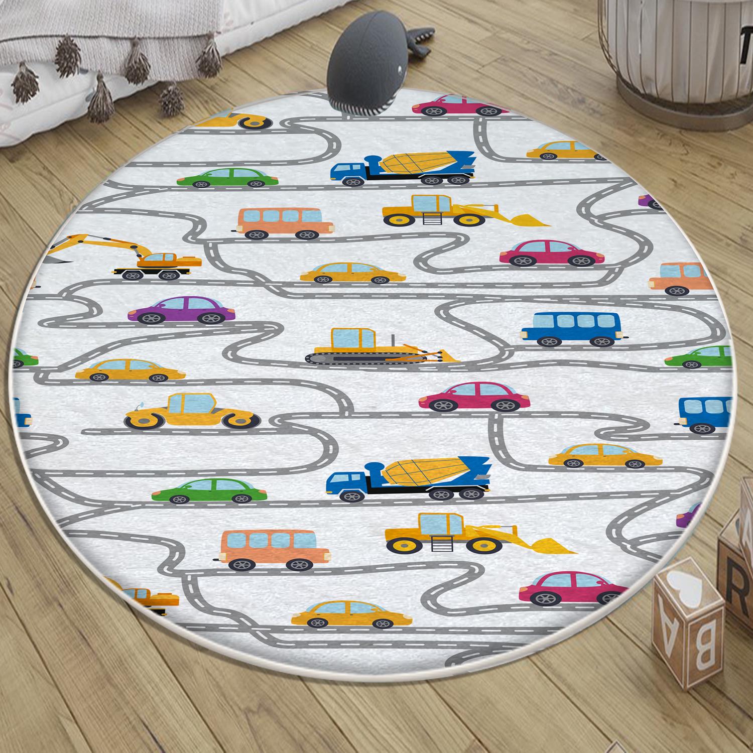 Round Road Construction Vehicles Kids Room Rug-Crane Bulldozer Excavator Mat-Heavy Equipment Playmat-Nursery Carpet with pillow case gift