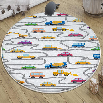 Round Road Construction Vehicles Kids Room Rug-Crane Bulldozer Excavator Mat-Heavy Equipment Playmat-Nursery Carpet with pillow case gift