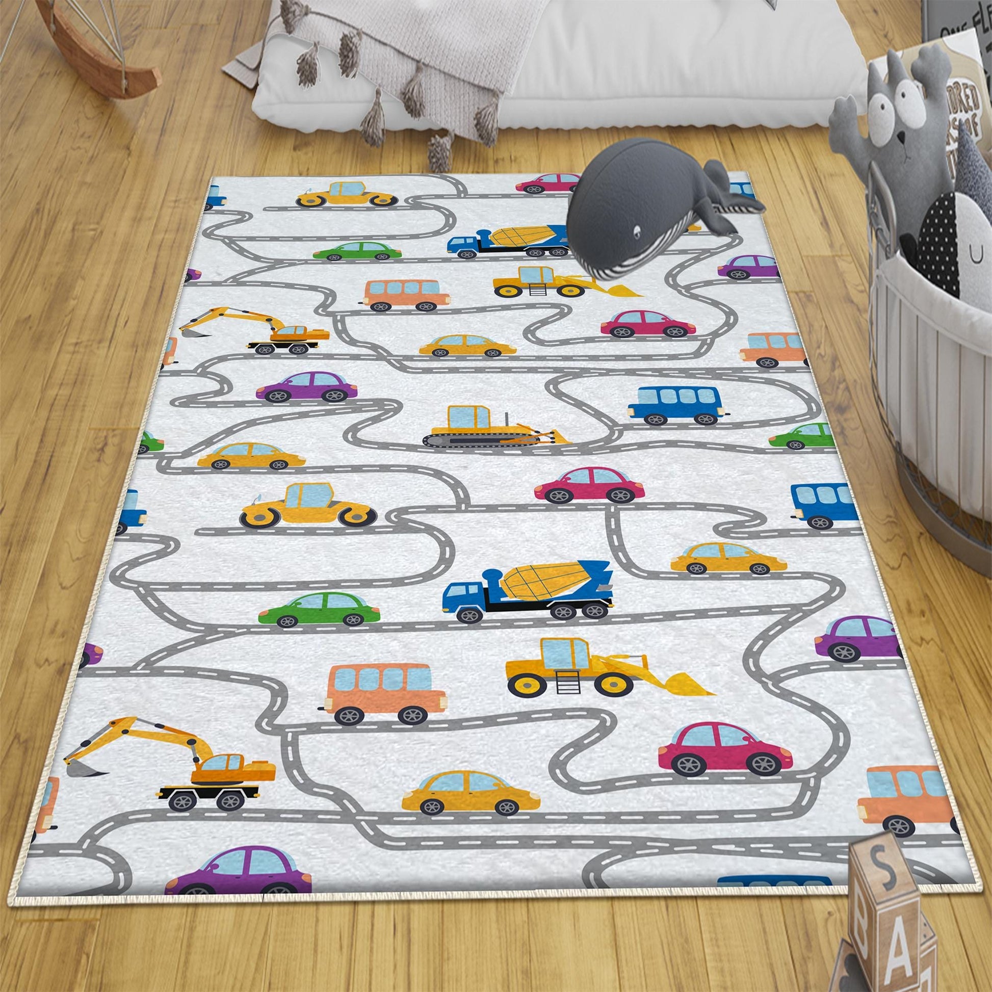 Round Road Construction Vehicles Kids Room Rug-Crane Bulldozer Excavator Mat-Heavy Equipment Playmat-Nursery Carpet with pillow case gift
