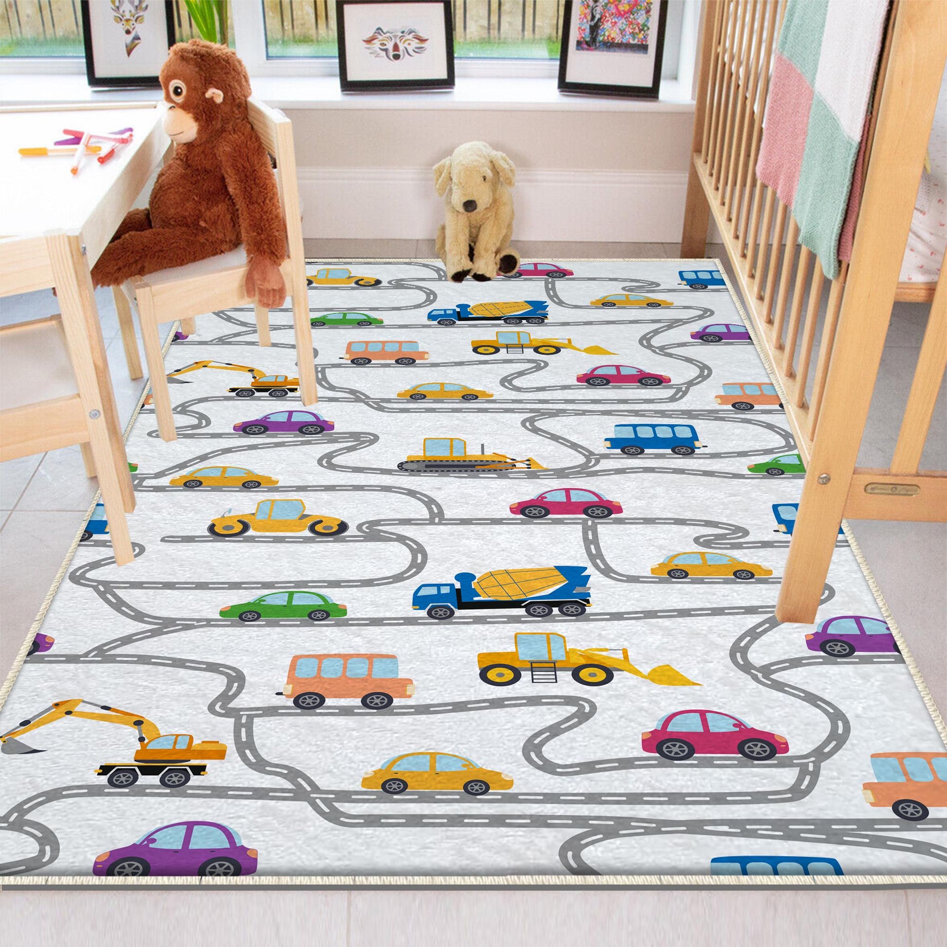 Round Road Construction Vehicles Kids Room Rug-Crane Bulldozer Excavator Mat-Heavy Equipment Playmat-Nursery Carpet with pillow case gift