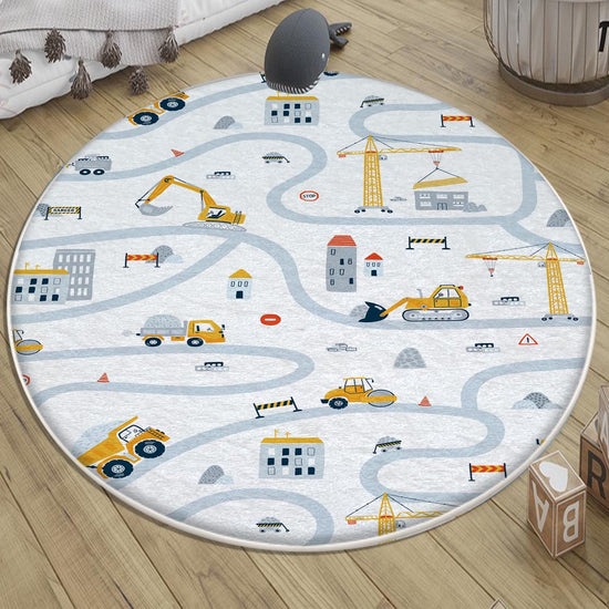 Round Road Construction Vehicles Kids Room Rug-Crane Bulldozer Excavator Mat-Heavy Equipment Playmat-Nursery Carpet with pillow case gift