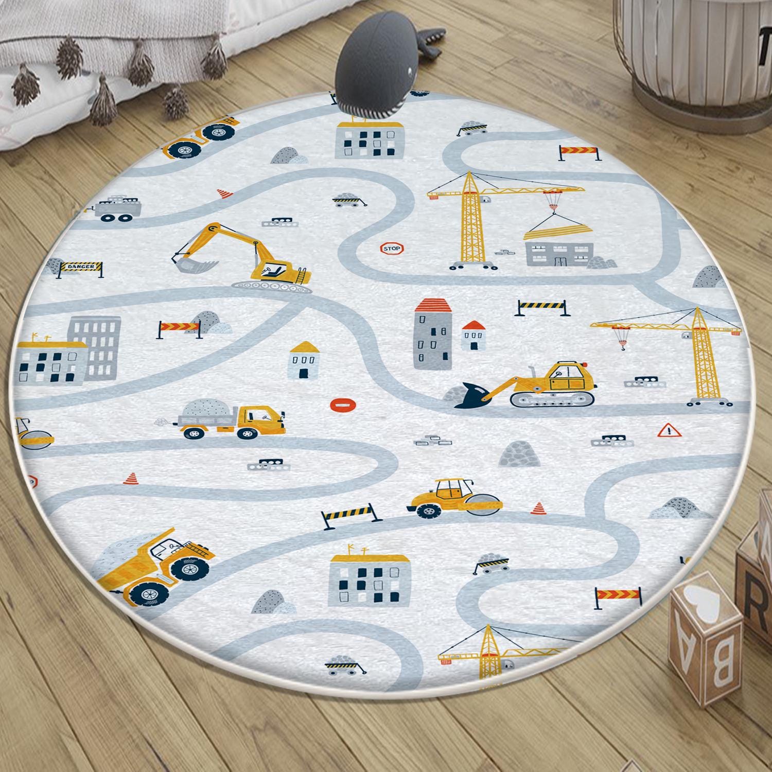 Round Road Construction Vehicles Kids Room Rug-Crane Bulldozer Excavator Mat-Heavy Equipment Playmat-Nursery Carpet with pillow case gift