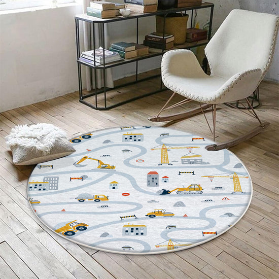 Round Road Construction Vehicles Kids Room Rug-Crane Bulldozer Excavator Mat-Heavy Equipment Playmat-Nursery Carpet with pillow case gift