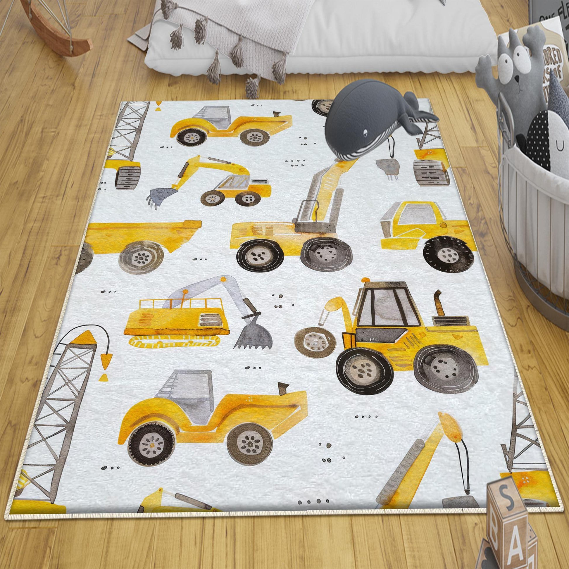Round Road Construction Vehicles Kids Room Rug-Crane Bulldozer Excavator Mat-Heavy Equipment Playmat-Nursery Carpet with pillow case gift