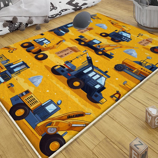 Road Construction Vehicles Kids Room Rug-Crane Bulldozer Excavator Mat-Heavy Equipment Playmat-Nursery Carpet for Boys with pillow case gift