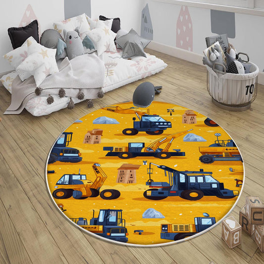 Round Road Construction Vehicles Kids Room Rug-Crane Bulldozer Excavator Mat-Heavy Equipment Playmat-Nursery Carpet with pillow case gift