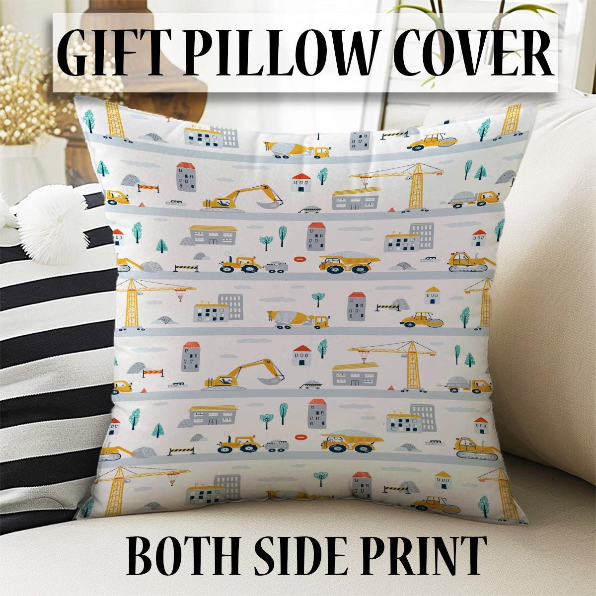 Round Road Construction Vehicles Kids Room Rug-Crane Bulldozer Excavator Mat-Heavy Equipment Playmat-Nursery Carpet with pillow case gift