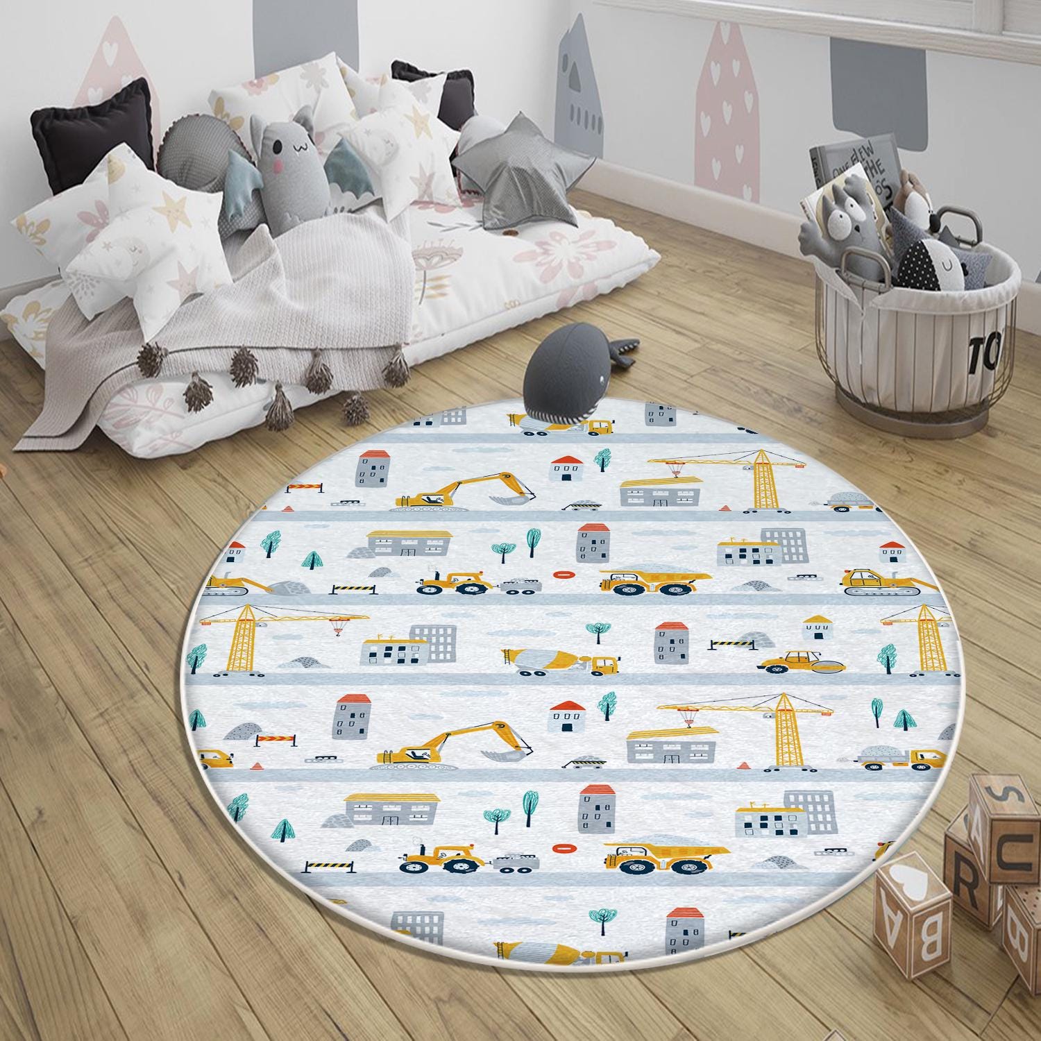 Round Road Construction Vehicles Kids Room Rug-Crane Bulldozer Excavator Mat-Heavy Equipment Playmat-Nursery Carpet with pillow case gift