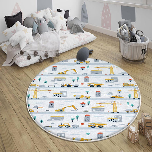 Round Road Construction Vehicles Kids Room Rug-Crane Bulldozer Excavator Mat-Heavy Equipment Playmat-Nursery Carpet with pillow case gift