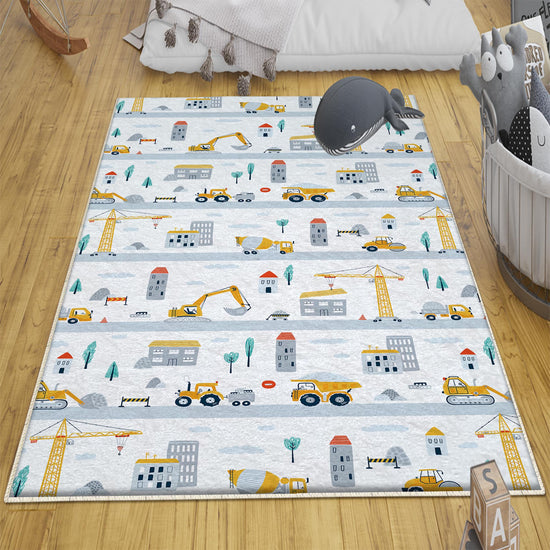 Round Road Construction Vehicles Kids Room Rug-Crane Bulldozer Excavator Mat-Heavy Equipment Playmat-Nursery Carpet with pillow case gift