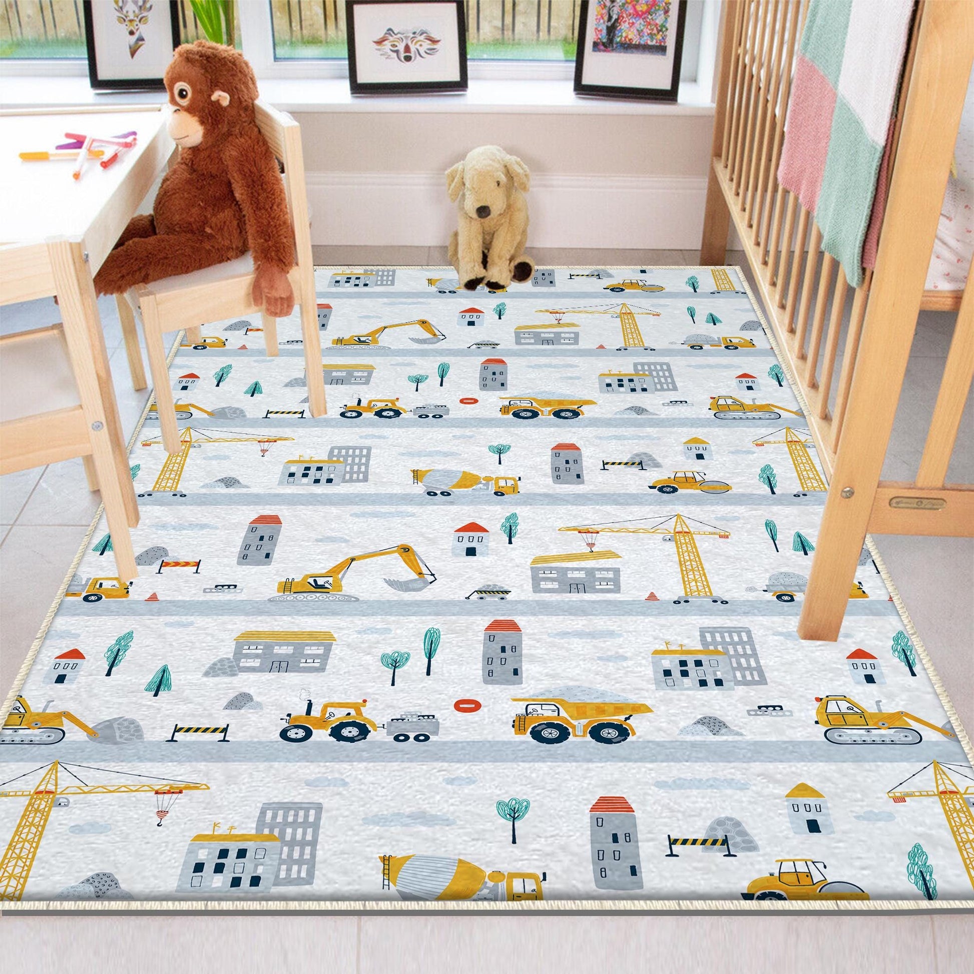 Round Road Construction Vehicles Kids Room Rug-Crane Bulldozer Excavator Mat-Heavy Equipment Playmat-Nursery Carpet with pillow case gift