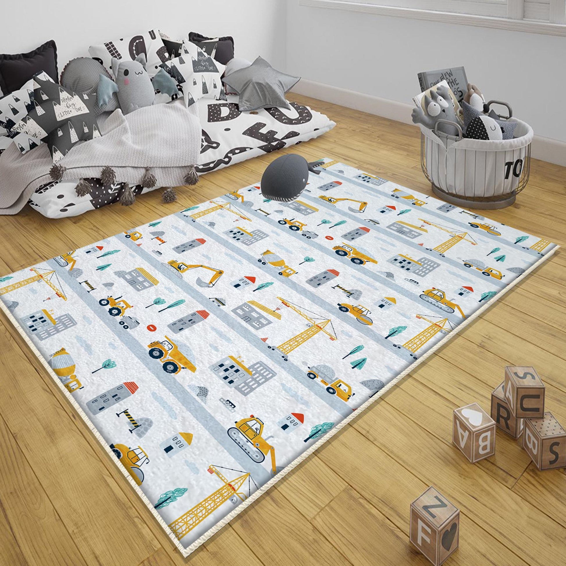 Round Road Construction Vehicles Kids Room Rug-Crane Bulldozer Excavator Mat-Heavy Equipment Playmat-Nursery Carpet with pillow case gift