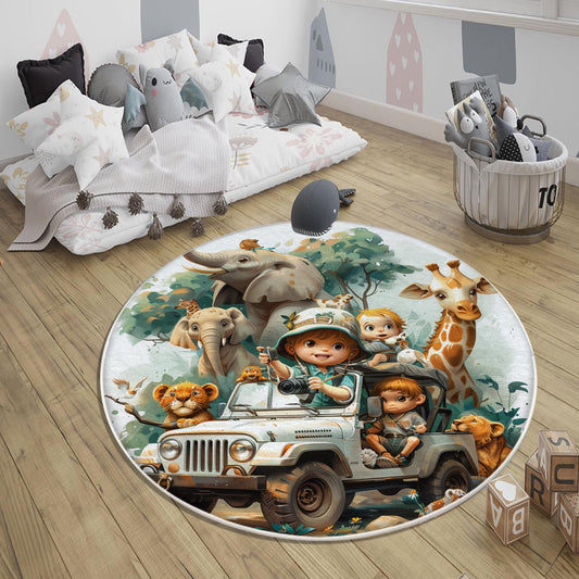 Round Safari Animal Nursery Room Rug, Cute Animals Rug Gift For Kids, Baby Shower Rug, Baby Gift, Nursery Decor with pillow case gift