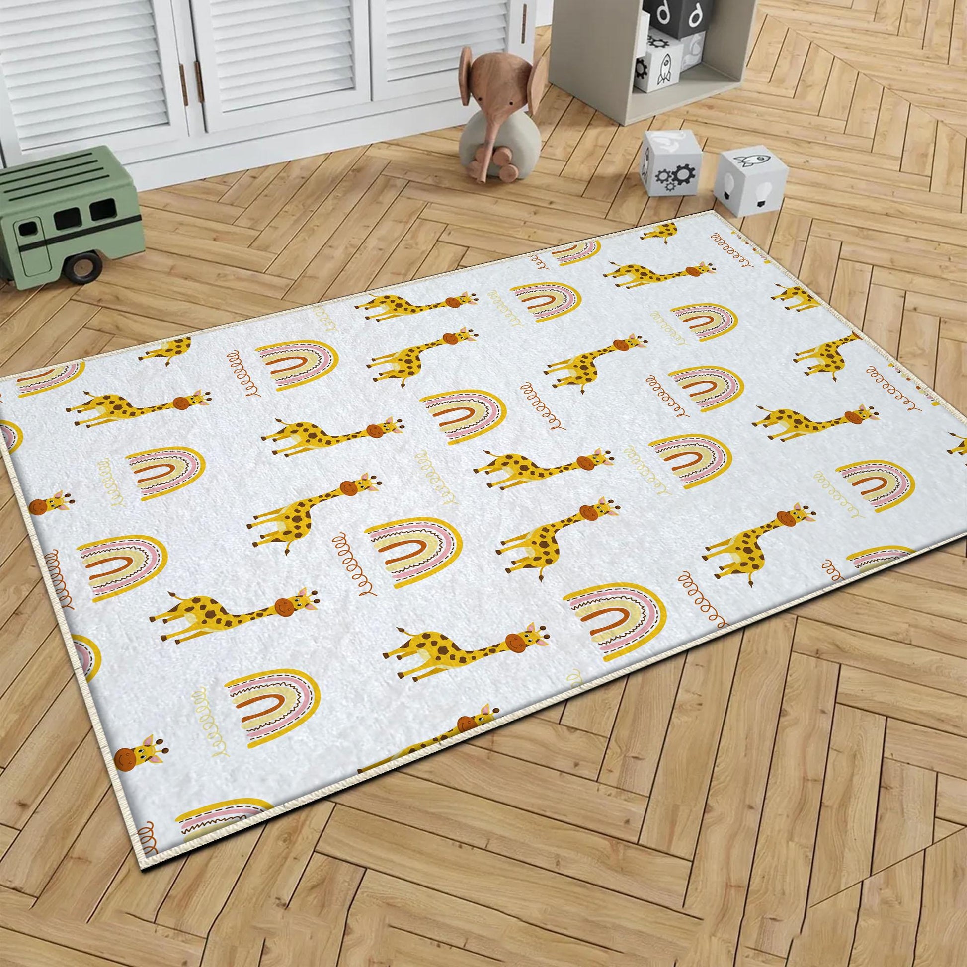 Safari Animal Giraffe Rainbow Nursery Room Rug, Cute Animals Rug Gift For Kids, Baby Shower Rug, Baby Gift, Nursery Decor with pillow case gift