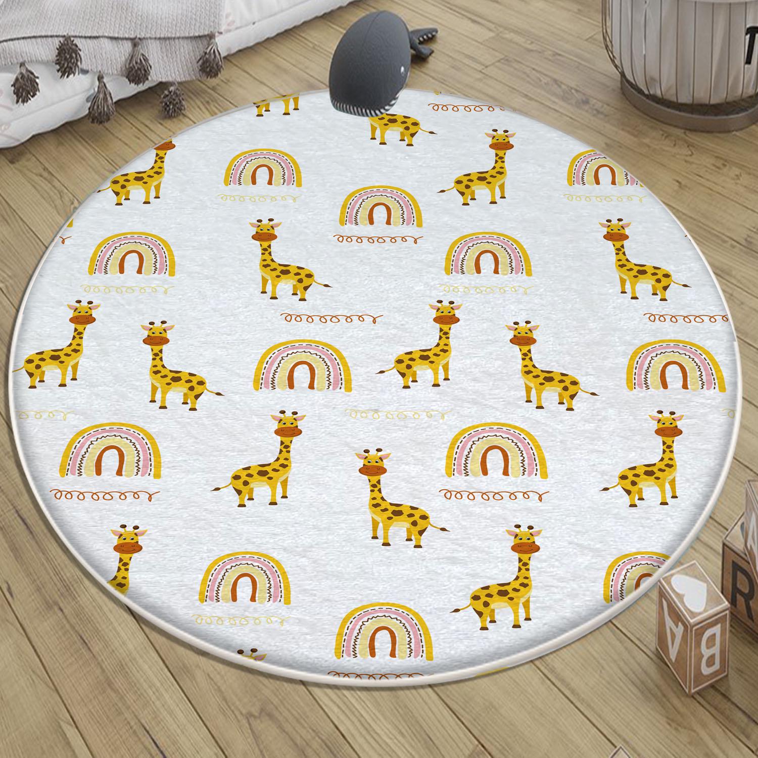 Round Safari Animal Giraffe Rainbow Nursery Rug, Cute Animals Rug Gift For Kids, Baby Shower Rug, Nursery Room Decor with pillow case gift