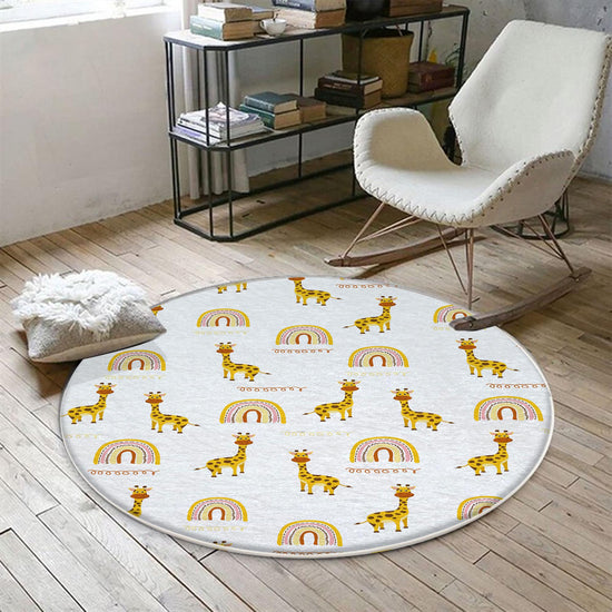 Round Safari Animal Giraffe Rainbow Nursery Rug, Cute Animals Rug Gift For Kids, Baby Shower Rug, Nursery Room Decor with pillow case gift