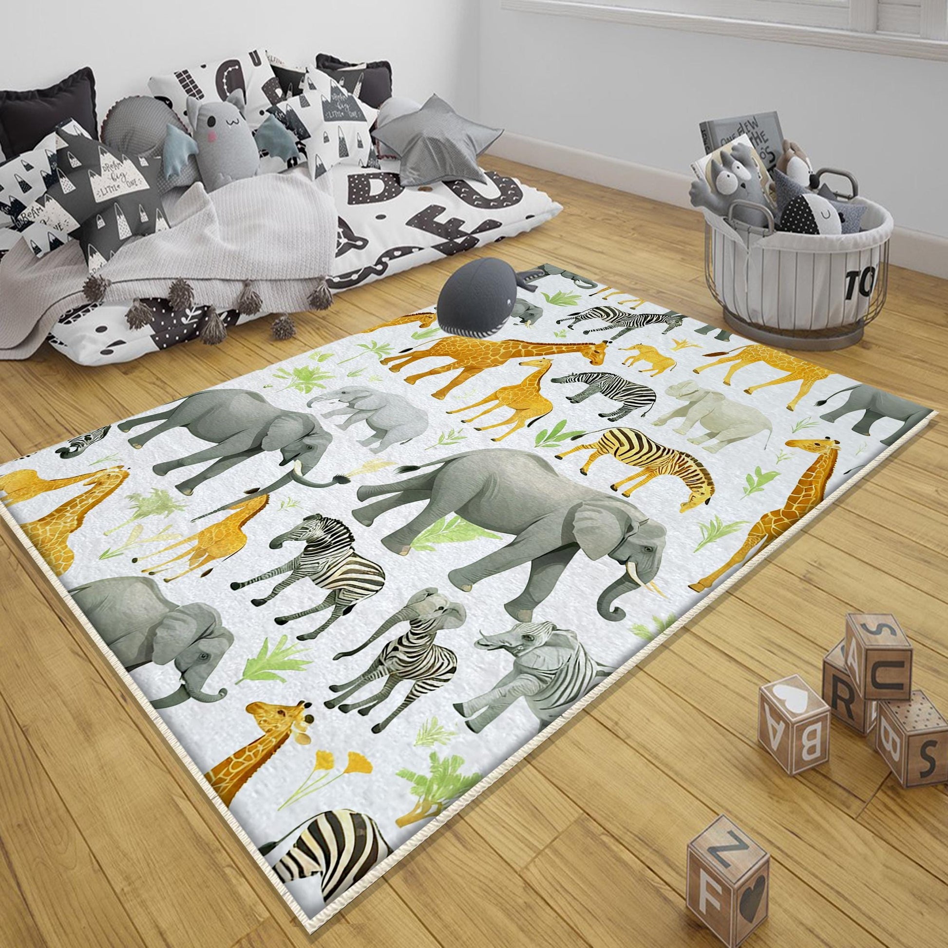 Round Safari Giraffe Zebra Elephant Nursery Rug|Cute Animal Rug Gift For Kids|Baby Shower Rug|Baby Gift Nursery Decor with pillow case gift