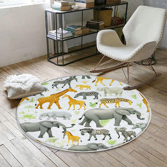 Round Safari Giraffe Zebra Elephant Nursery Rug|Cute Animal Rug Gift For Kids|Baby Shower Rug|Baby Gift Nursery Decor with pillow case gift