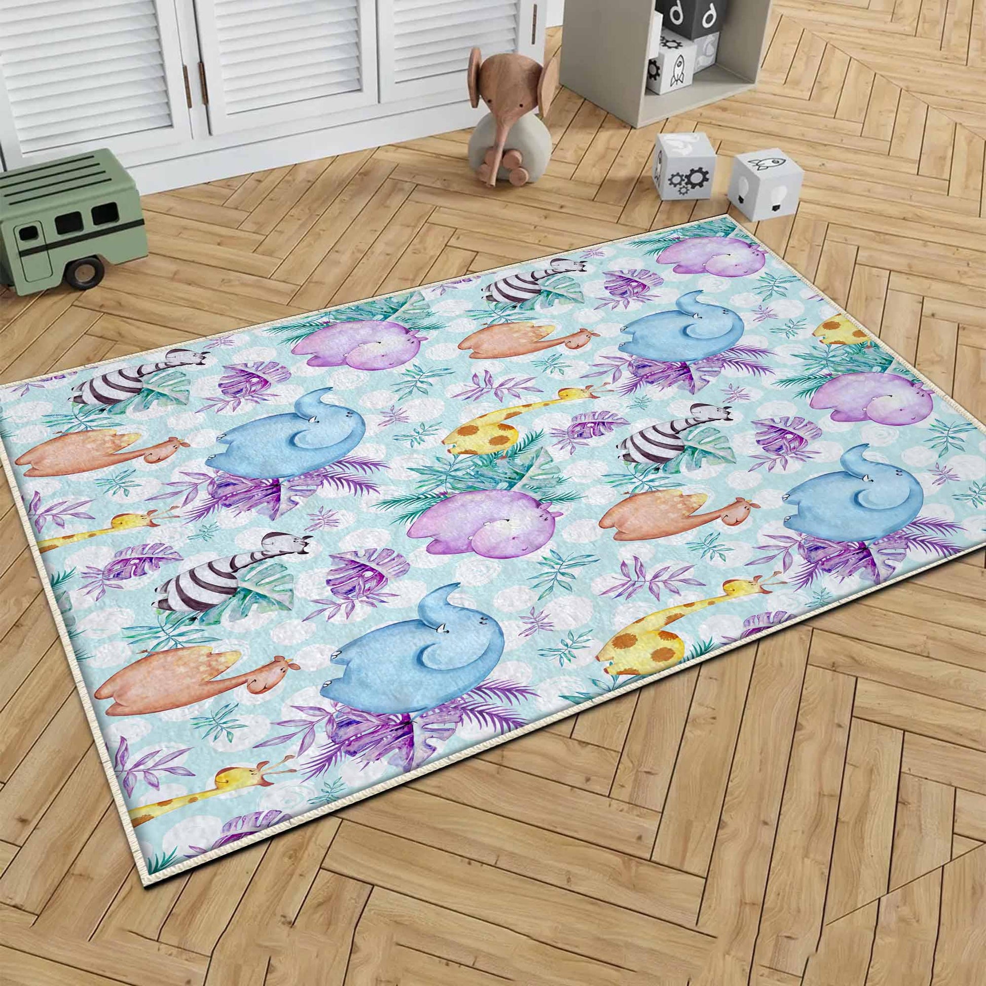 Round Safari Giraffe Zebra Elephant Nursery Rug|Cute Animal Rug Gift For Kids|Baby Shower Rug|Baby Gift Nursery Decor with pillow case gift
