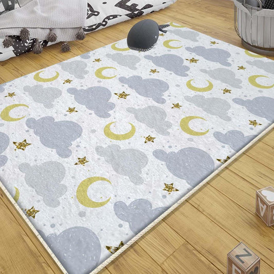 Blue Clouds Moon Stars Nursery Rug with Pillowcase Gift, Cute Kids Room Decor, Baby & Toddler Room Carpet, Ideal Nursery Gift Ideas