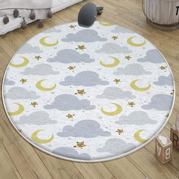 Round Blue Clouds Moon Stars Nursery Kids Room Rug, Cute Rug Gift For Kids, Baby Kids Room Gift, Kids Room Decor with pillow case gift