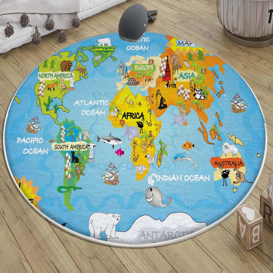 Round Earth World Map Nursery Kids Room Rug, Cute Educational Rug Gift For Kids, Baby Kids Room Gift, Kids Room Decor with pillow case gift