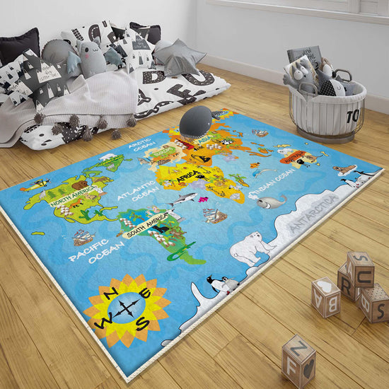 Round Earth World Map Nursery Kids Room Rug, Cute Educational Rug Gift For Kids, Baby Kids Room Gift, Kids Room Decor with pillow case gift