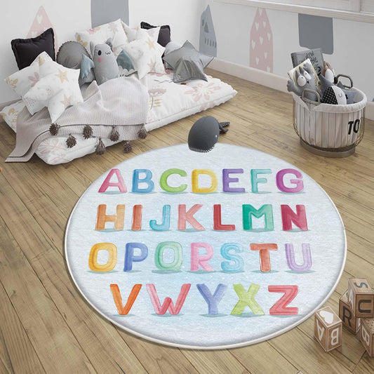 Round Alphabet Letters Nursery Kids Room Rug, Cute Educational Rug Gift For Kids, Baby Kids Room Gift, Kids Room Decor with pillow case gift