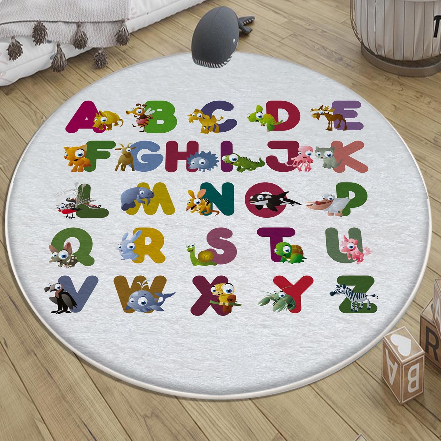 Round Alphabet Letters Animal Nursery Kids Room Rug, Cute Educational Rug Gift For Kid, Baby Kids Room Gift, Kids Room Decor with pillow case gift