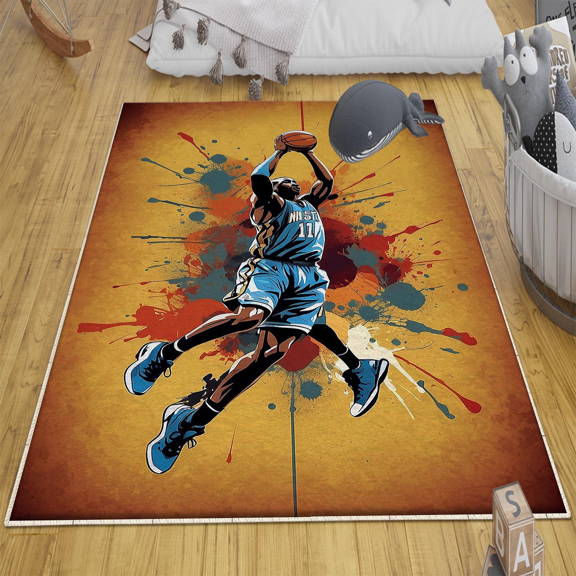 Basketball Player Nursery Kids Room Rug, Cute Play Rug Gift For Kid, Baby Kids Room Gift, Kids Room Decor with pillow case gift