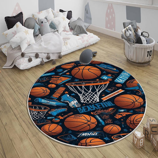 Round Basketball Balls Kids Play Room Rug, Cute Sport Rug Gift For Kid, Baby Kids Room Gift, Kids Room Decor with pillow case gift