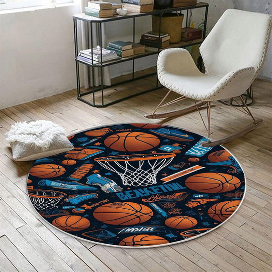 Round Basketball Balls Kids Play Room Rug, Cute Sport Rug Gift For Kid, Baby Kids Room Gift, Kids Room Decor with pillow case gift