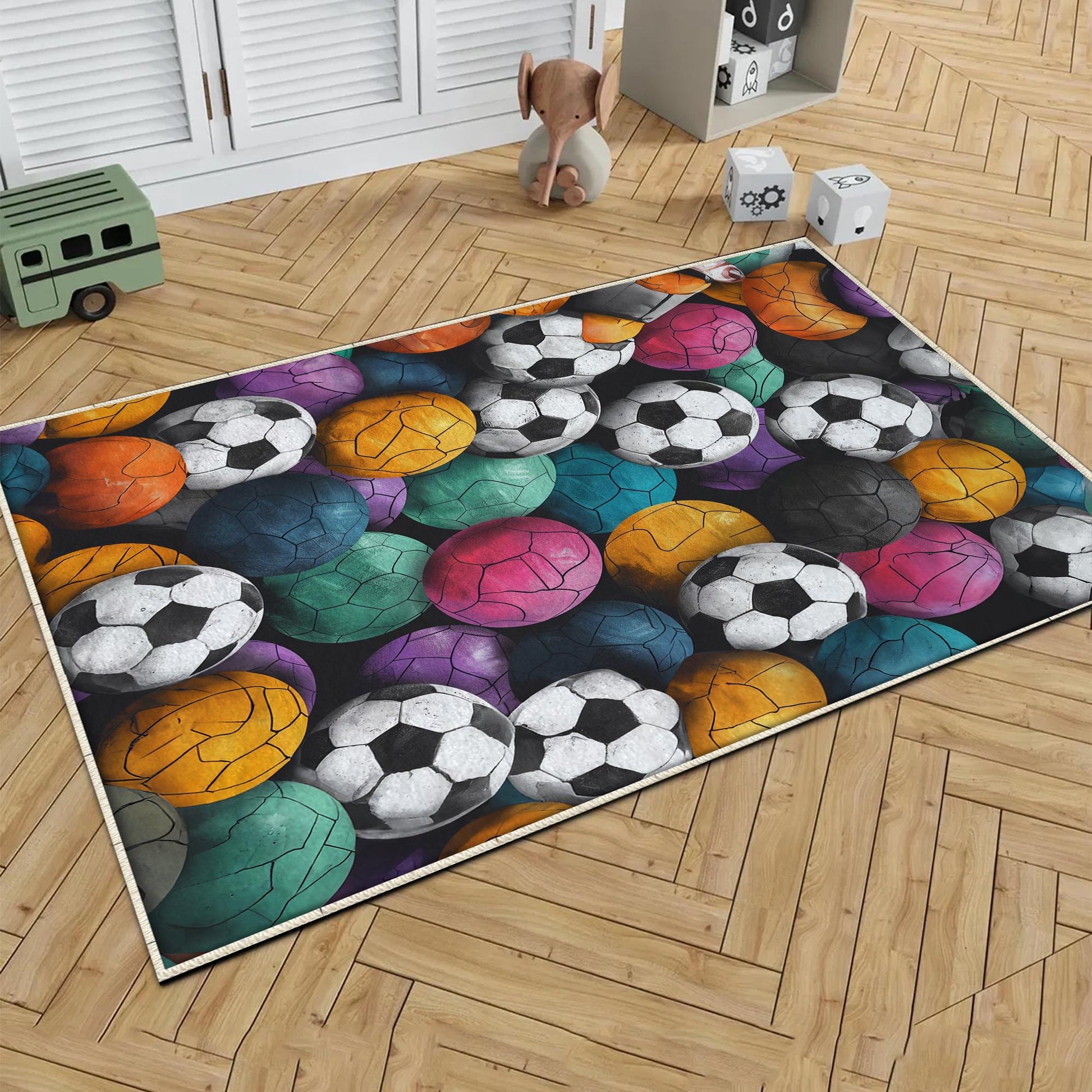 Round Colorful Football Balls Kids Play Room Rug, Cute Sport Rug Gift For Kid, Baby Kids Room Gift, Kids Room Decor with pillow case gift