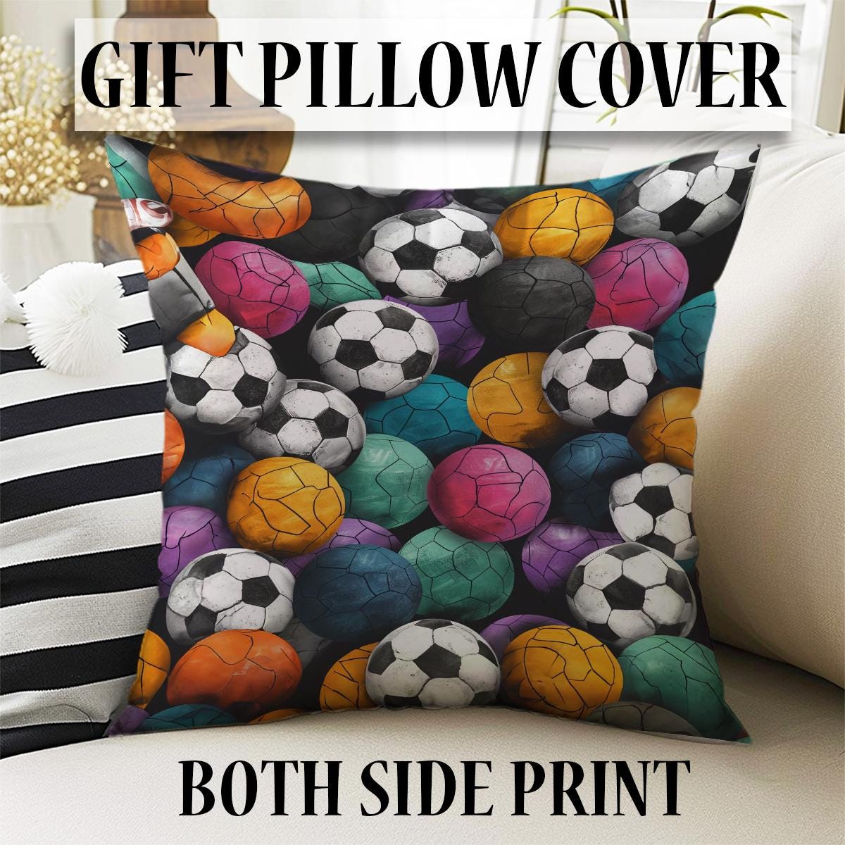 Round Colorful Football Balls Kids Play Room Rug, Cute Sport Rug Gift For Kid, Baby Kids Room Gift, Kids Room Decor with pillow case gift