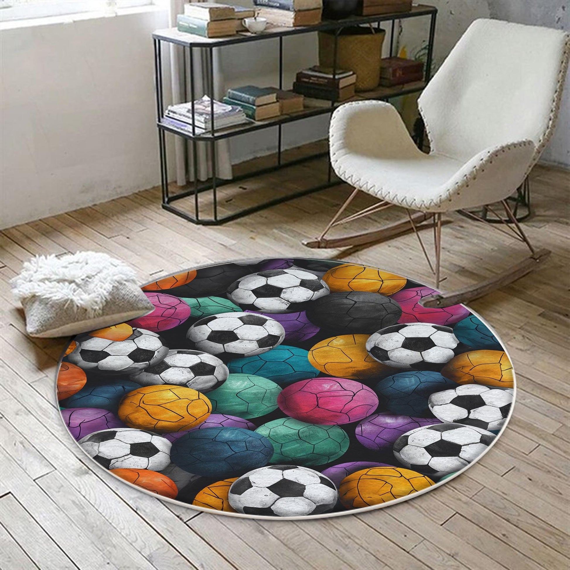 Round Colorful Football Balls Kids Play Room Rug, Cute Sport Rug Gift For Kid, Baby Kids Room Gift, Kids Room Decor with pillow case gift