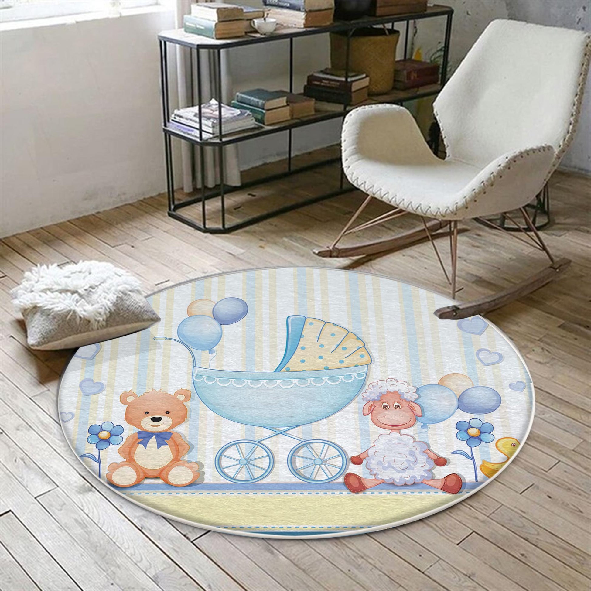 Round Blue Bear Lamb Nursery Room Rug, Cute Animal Rug Gift For Kid, Baby Shower Boy Kids Room Gift, Kids Room Decor with pillow case gift