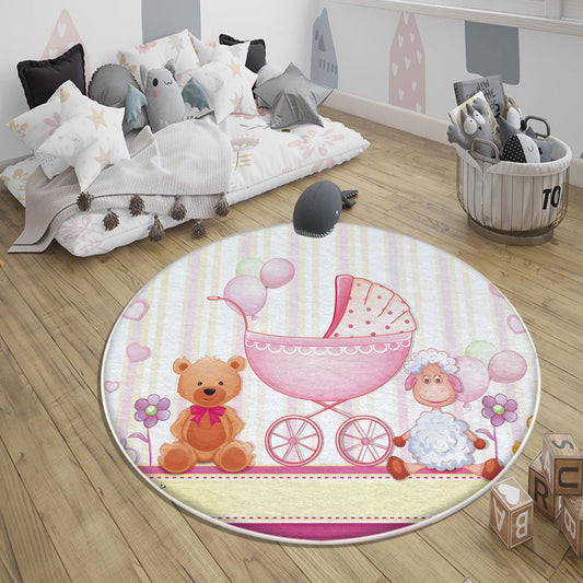 Round Pink Bear Lamb Nursery Room Rug, Cute Animal Rug Gift For Kid, Baby Shower Girl Kids Room Gift, Kids Room Decor with pillow case gift