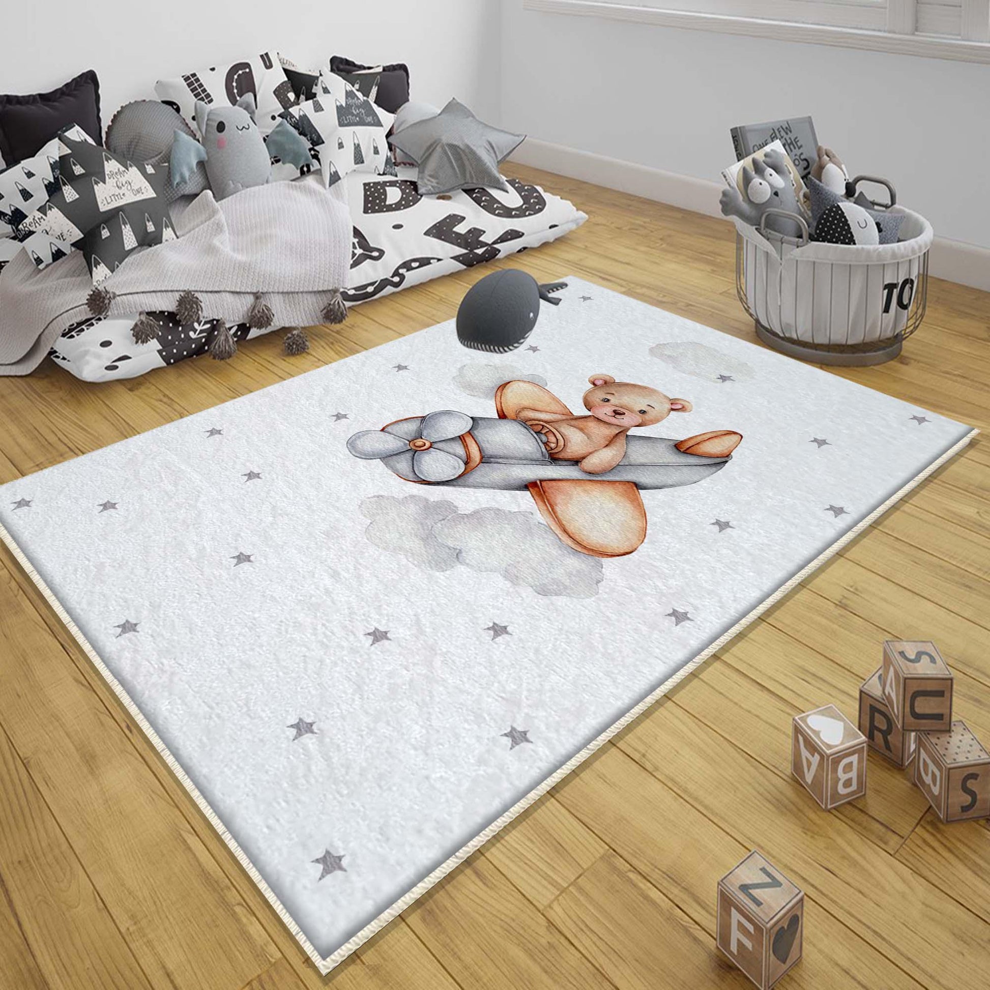 Round Bear Pilot Planet Kids Nursery Room Rug, Cute Playground Rug Gift For Kid, Kids Room Gift, Baby Kids Room Decor with pillow case gift