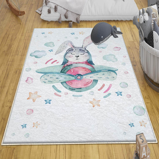 Bunny Pilot Plane Kids Nursery Room Rug, Cute Rabit Playroom Rug Gift For Kid, Kids Room Gift, Baby Kids Room Decor with pillow case gift