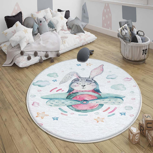 Round Bunny Pilot Plane Nursery Room Rug, Cute Rabit Playroom Rug Gift For Kid, Kids Room Gift, Baby Kids Room Decor with pillow case gift