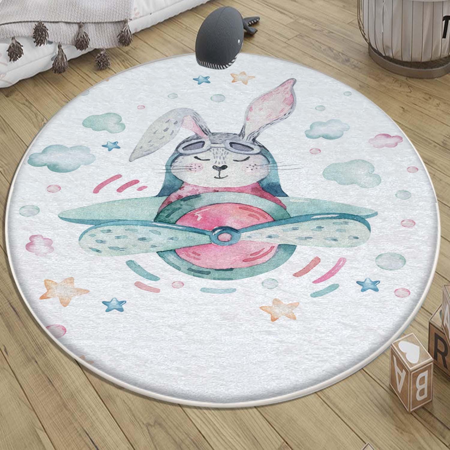 Round Bunny Pilot Plane Nursery Room Rug, Cute Rabit Playroom Rug Gift For Kid, Kids Room Gift, Baby Kids Room Decor with pillow case gift