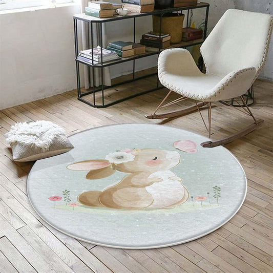 Round Rabbit Bunny Kids Nursery Room Rug, Cute Animal Rug Gift For Kid, Baby Shower Kids Room Gift, Kids Room Decor with pillow case gift
