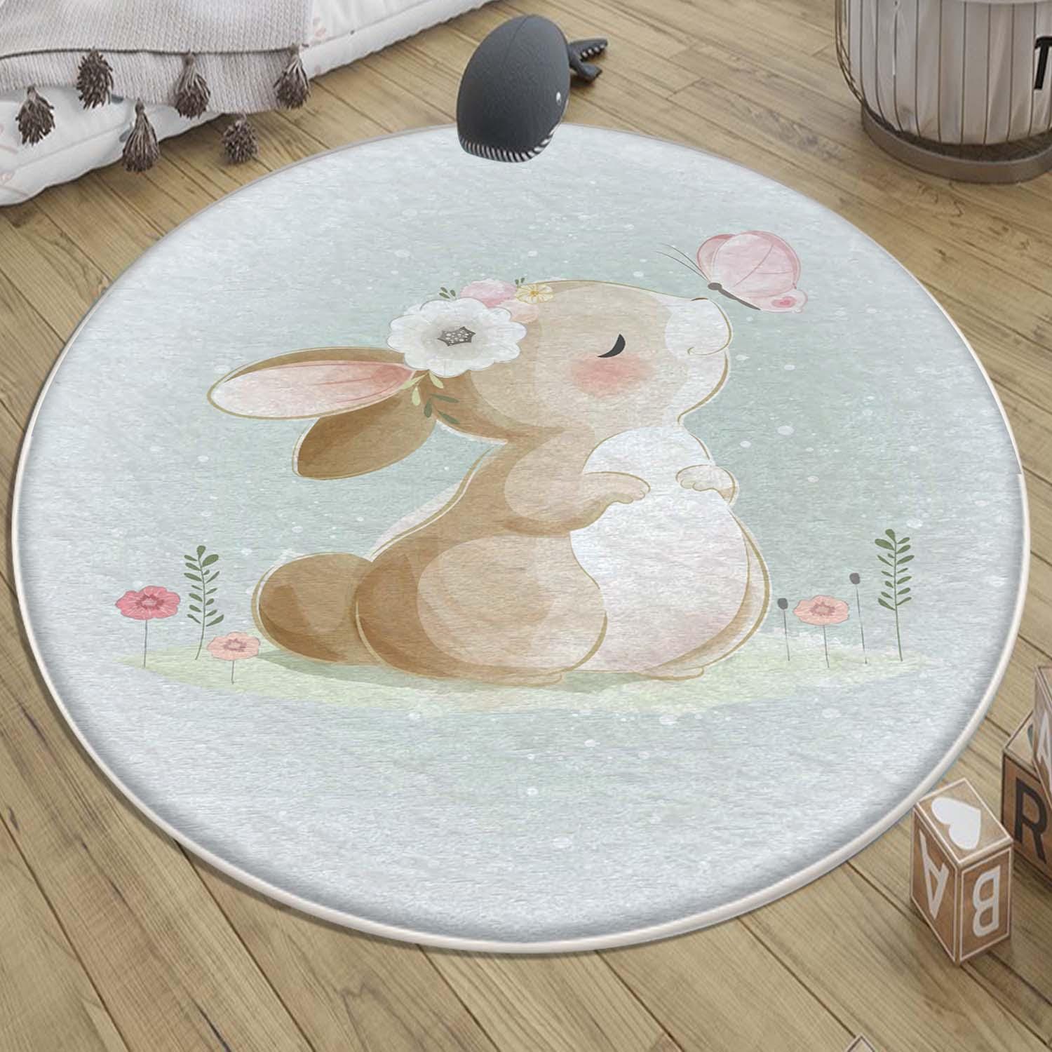 Round Rabbit Bunny Kids Nursery Room Rug, Cute Animal Rug Gift For Kid, Baby Shower Kids Room Gift, Kids Room Decor with pillow case gift