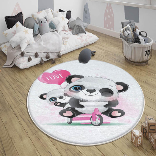 Round Panda Pink Bicycle Kids Baby Nursery Room Rug, Animal Rug Gift For Girl Kid, Kids Room Gift, Kids Room Decor with pillow case gift