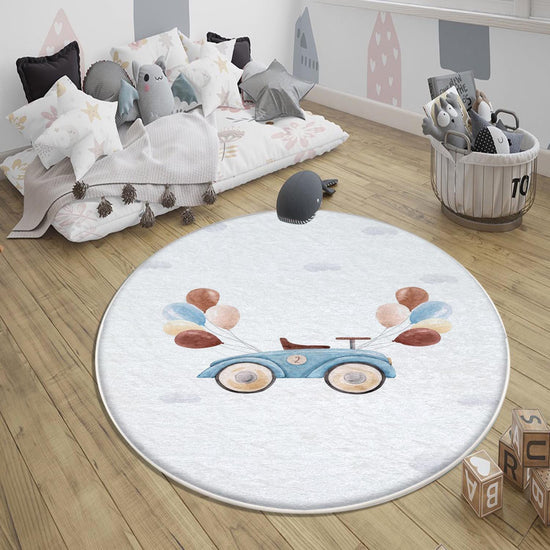 Round Retro Blue Car Balloons Kids Baby Nursery Room Rug, Car Rug Gift For Girl Kid, Kids Room Gift, Kids Room Decor with pillow case gift