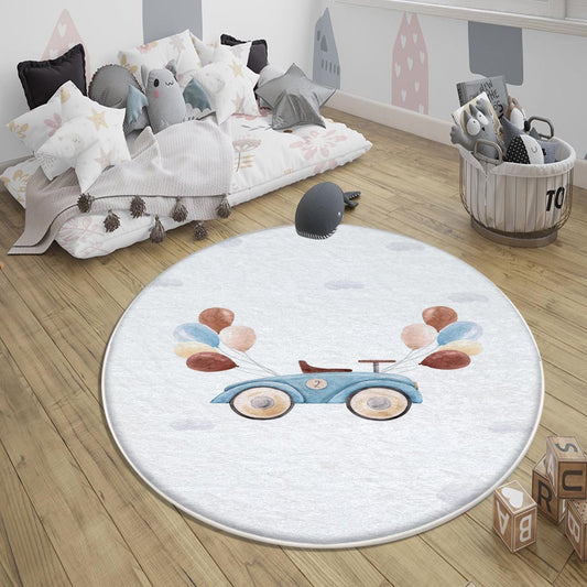 Round Retro Blue Car Balloons Kids Baby Nursery Room Rug, Car Rug Gift For Girl Kid, Kids Room Gift, Kids Room Decor with pillow case gift