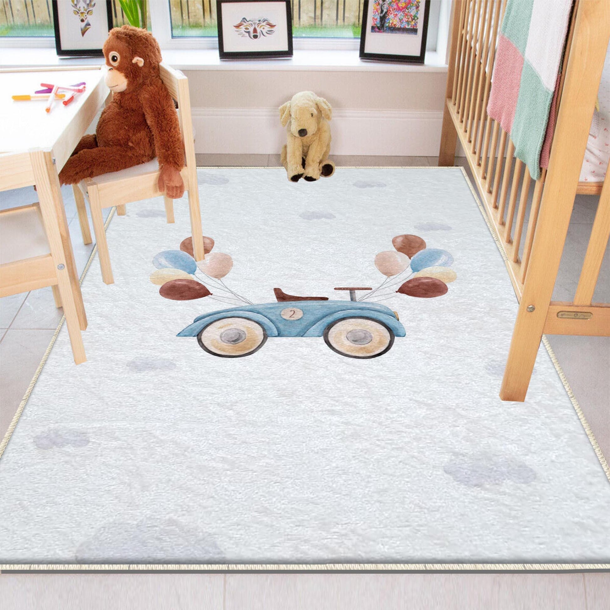 Round Retro Blue Car Balloons Kids Baby Nursery Room Rug, Car Rug Gift For Girl Kid, Kids Room Gift, Kids Room Decor with pillow case gift