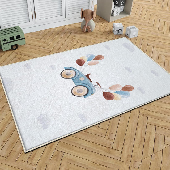 Round Retro Blue Car Balloons Kids Baby Nursery Room Rug, Car Rug Gift For Girl Kid, Kids Room Gift, Kids Room Decor with pillow case gift