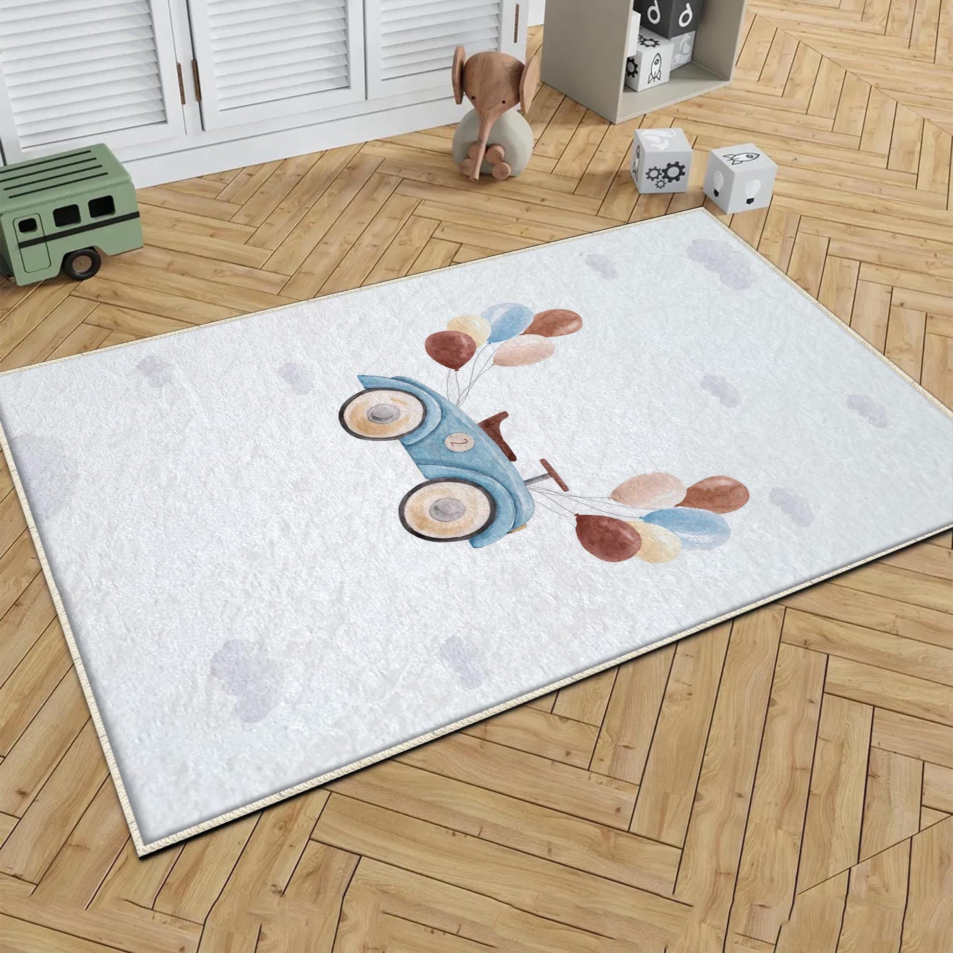 Round Retro Blue Car Balloons Kids Baby Nursery Room Rug, Car Rug Gift For Girl Kid, Kids Room Gift, Kids Room Decor with pillow case gift