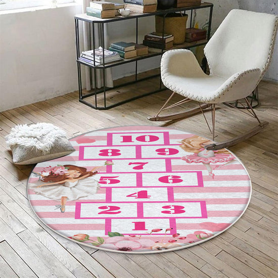 Pink Hopscotch Ballerina Girls Kids Room Rug, Cute Playground Rug Gift For Kid, Girl Kids Room Gift, Kids Room Decor with pillow case gift